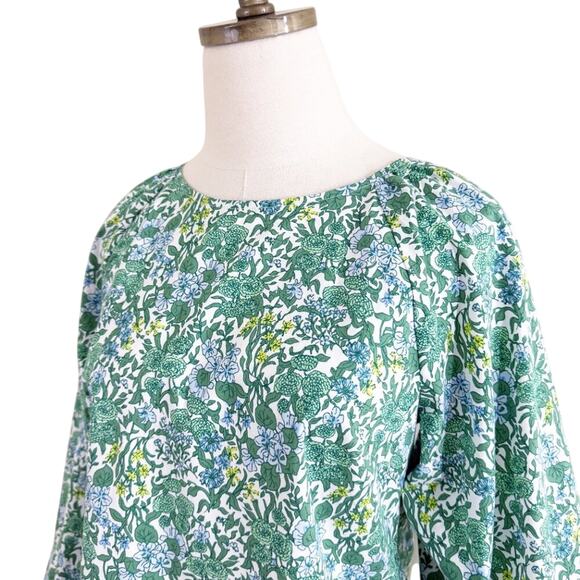 J. Crew Green and Blue Floral Print Blouse Women's Size 6 Low Back Bubble Sleeve - Picture 2 of 7